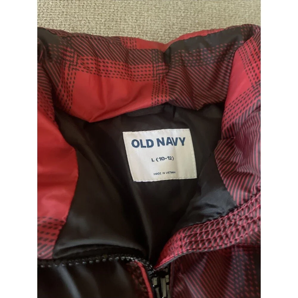 Old Navy Winter Coat Boys Large 10-12 Red Plaid Puffer Jacket Youth